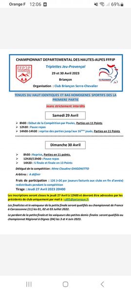 CHAMPIONNAT DEPARTEMENTAL TRIPLETTE JEU PROVENCAL LES SAMEDI 29 et DIMANCHE 30 AVRIL Ã BRIANCON CHAMPIONNAT DEPARTEMENTAL TRIPLETTE JEU PROVENCAL LES SAMEDI 29 et DIMANCHE 30 AVRIL Ã BRIANCON