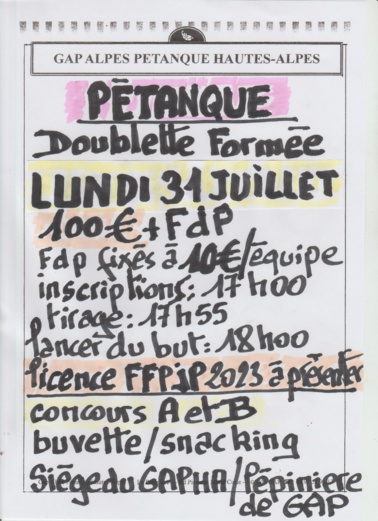 PROCHAINS CONCOURS AU GAP ALPES PETANQUE .. PROCHAINS CONCOURS AU GAP ALPES PETANQUE ..