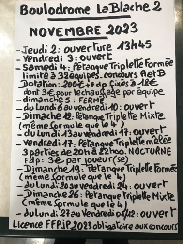 INSCRITS AUX CONCOURS DE PETANQUE DU MOIS DE NOVEMBRE 2023 INSCRITS AUX CONCOURS DE PETANQUE DU MOIS DE NOVEMBRE 2023