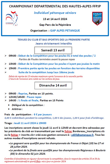 CHAMPIONNAT DEPARTEMENTAL PETANQUE TETE à TETE HOMME LES 13 et 14 AVRIL 2024 à GAP ..