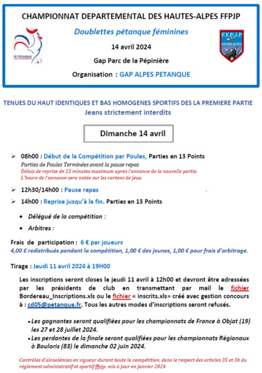 CHAMPIONNAT DEPATEMENTAL PETANQUE DOUBLETTE FEMININ le 14 AVRIL 2024 à GAP .. CHAMPIONNAT DEPATEMENTAL PETANQUE DOUBLETTE FEMININ le 14 AVRIL 2024 à GAP ..