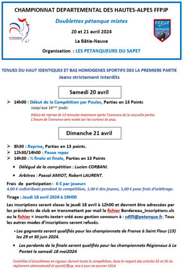 CHAMPIONNAT DEPARTEMENTAL PETANQUE DOUBLETTE MIXTE les 20 et 21 AVRIL 2024 à La BATIE-NEUVE