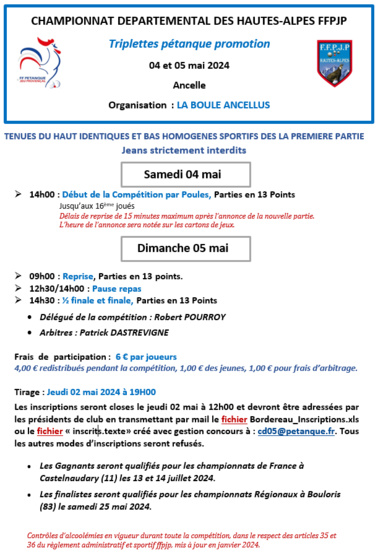 CHAMPIONNAT DEPARTEMENTAL TRIPLETTE PROMOTION LES 04 et 05 MAI 2024 à ANCELLE .. CHAMPIONNAT DEPARTEMENTAL TRIPLETTE PROMOTION LES 04 et 05 MAI 2024 à ANCELLE ..