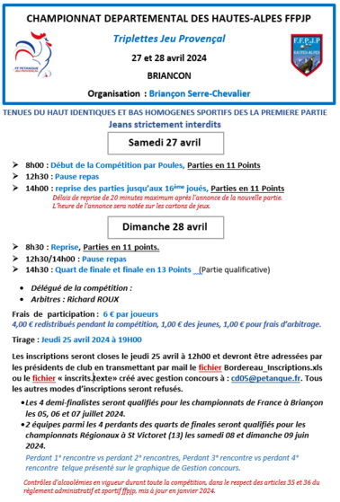CHAMPIONNAT DEPARTEMENTAL TRIPLETTE JEU PROVENCAL LES 27 et 28 AVRIL à BRIANCON ..