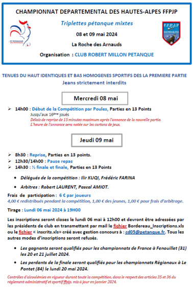 CHAMPIONNAT DEPARTEMENTAL PETANQUE TRIPLETTE MIXTE les 8 et 9 MAI 2024 à LA ROCHE DES ARNAUDS .. CHAMPIONNAT DEPARTEMENTAL PETANQUE TRIPLETTE MIXTE les 8 et 9 MAI 2024 à LA ROCHE DES ARNAUDS ..
