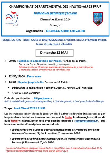CHAMPIONNAT DEPARTEMENTAL PETANQUE TÊTE à TÊTE FEMININ LE 12 MAI 2024 à BRIANCON CHAMPIONNAT DEPARTEMENTAL PETANQUE TÊTE à TÊTE FEMININ LE 12 MAI 2024 à BRIANCON