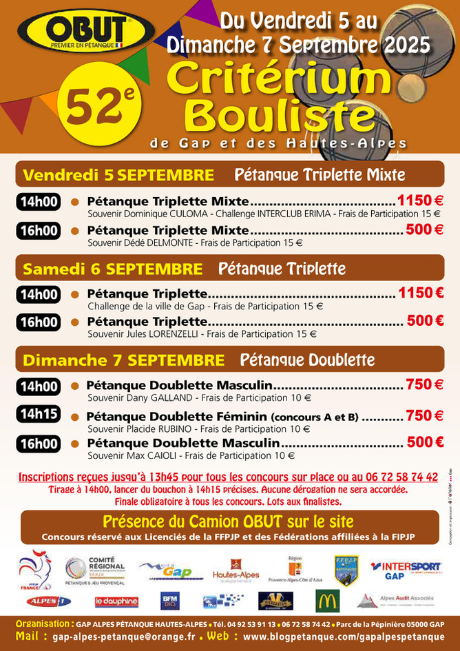 52ème CRITERIUM BOULISTE de la VILLE de GAP et des HAUTES-ALPES ..du VENDREDI 05 au DIMANCHE 07 SEPTEMBRE 2025 ..
