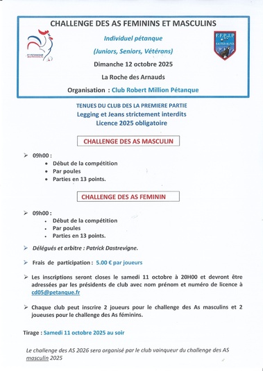CHALLENGE DES AS 2025 : QUALIFICATIF DES SOCIETAIRES du GAP ALPES PETANQUE ce SAMEDI 11 OCTOBRE .. CHALLENGE DES AS 2025 : QUALIFICATIF DES SOCIETAIRES du GAP ALPES PETANQUE ce SAMEDI 11 OCTOBRE ..