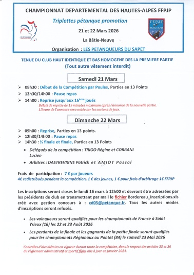 QUALIFICATIFS TRIPLETTE PETANQUE PROMOTION : SAMEDI 21 et DIMANCHE 22 MARS 2026 à LA BATIE-NEUVE.. QUALIFICATIFS TRIPLETTE PETANQUE PROMOTION : SAMEDI 21 et DIMANCHE 22 MARS 2026 à LA BATIE-NEUVE..