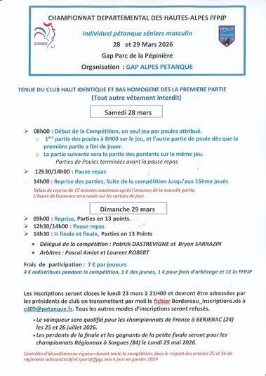 QUALIFICATIF PETANQUE TÊTE à TÊTE MASCULIN : SAMEDI 28 et DIMANCHE 29 MARS 2026 à GAP QUALIFICATIF PETANQUE TÊTE à TÊTE MASCULIN : SAMEDI 28 et DIMANCHE 29 MARS 2026 à GAP