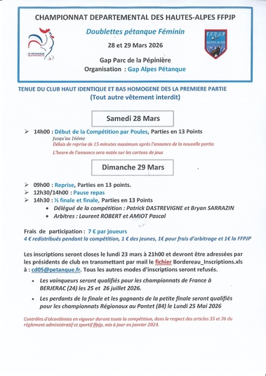 QUALIFICATIF PETANQUE DOUBLETTE FEMININ : SAMEDI 28 et DIMANCHE 29 à GAP