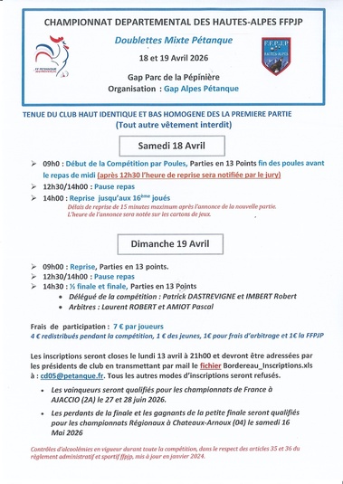 QUALIFICATIF PETANQUE DOUBLETTE MIXTE : SAMEDI 18 et DIMANCHE 19 AVRIL 2026 Ã GAP .. QUALIFICATIF PETANQUE DOUBLETTE MIXTE : SAMEDI 18 et DIMANCHE 19 AVRIL 2026 Ã GAP ..