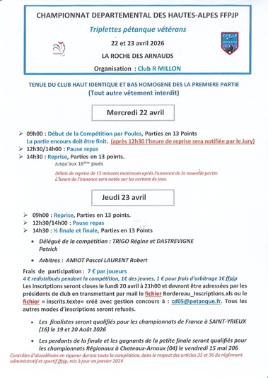 QUALIFICATIF DEPARTEMENTAL PETANQUE TRIPLETTE VETERAN les MERCREDI 22 et JEUDI 23 AVRIL 2026 à LA ROCHE DES ARNAUDS .. QUALIFICATIF DEPARTEMENTAL PETANQUE TRIPLETTE VETERAN les MERCREDI 22 et JEUDI 23 AVRIL 2026 à LA ROCHE DES ARNAUDS ..