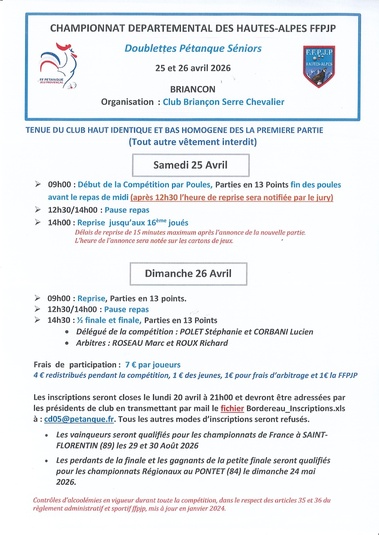 QUALIFICATIFS DEPARTEMENTAL PETANQUE DOUBLETTE HOMME les SAMEDI 25 et DIMANCHE 26 AVRIL 2026 à BRIANCON ..