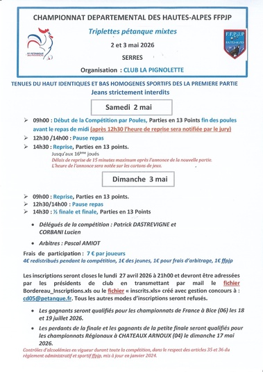 QUALIFICATIF PETANQUE TRIPLETTE MIXTE les 2 et 3 MAI 2026 à SERRES ..
