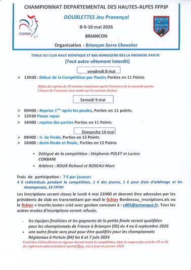 QUALIFICATIF JEU PROVENCAL DOUBLETTE les 8, 9 et 10 MAI 2026 à BRIANCON