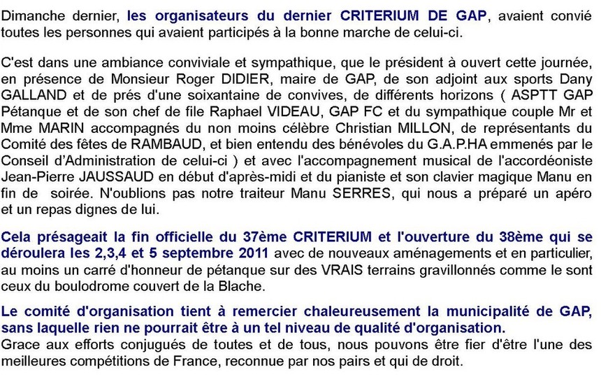 Mise en orbite du 38éme CRITERIUM BOULISTE NATIONAL DE GAP Mise en orbite du 38éme CRITERIUM BOULISTE NATIONAL DE GAP