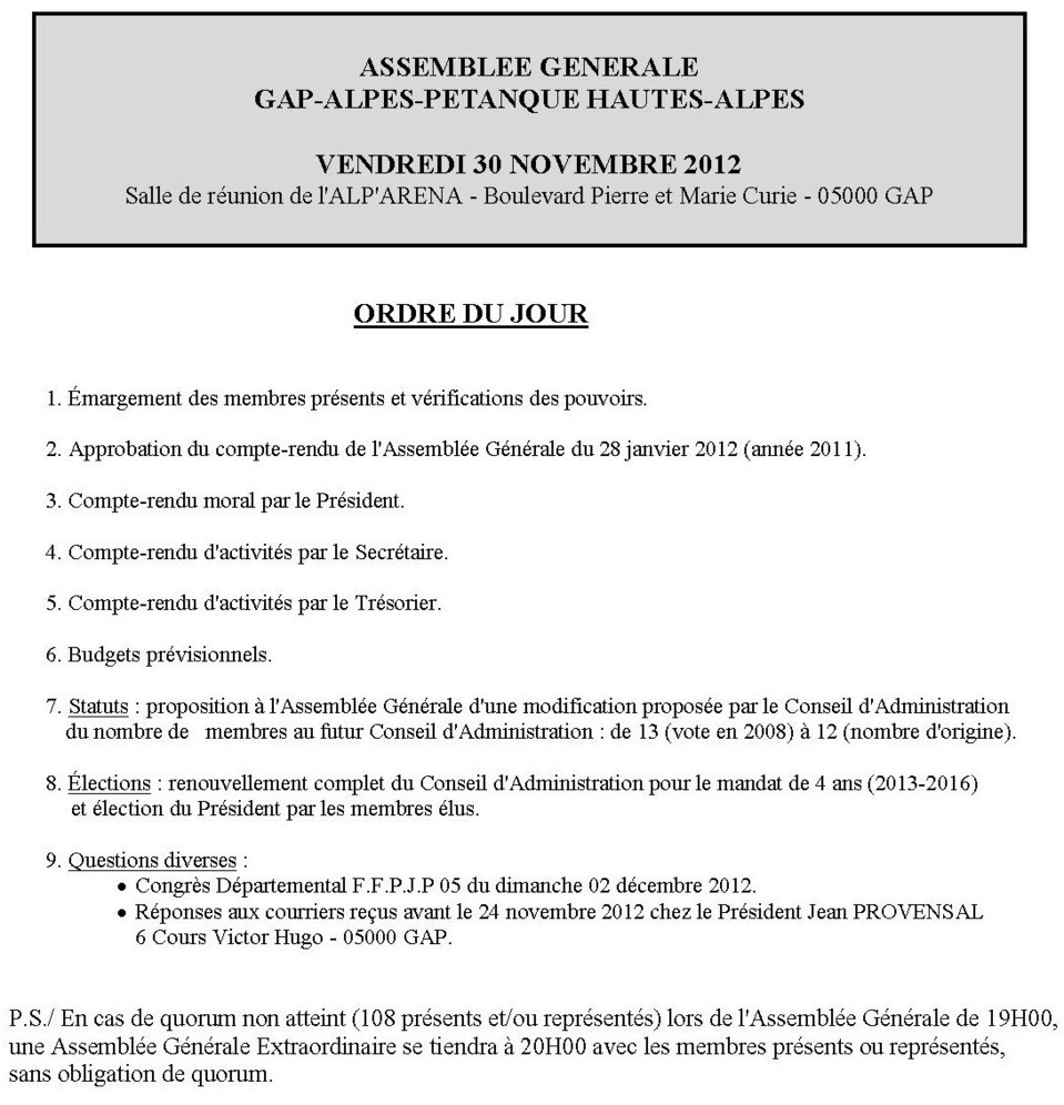 Assemblée Générale du GAP ALPES PETANQUE Assemblée Générale du GAP ALPES PETANQUE