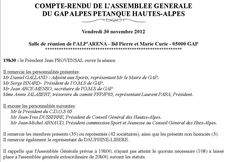 COMPTE RENDU DE L'ASSEMBLEE GENERALE DU GAP ALPES PETANQUE COMPTE RENDU DE L'ASSEMBLEE GENERALE DU GAP ALPES PETANQUE