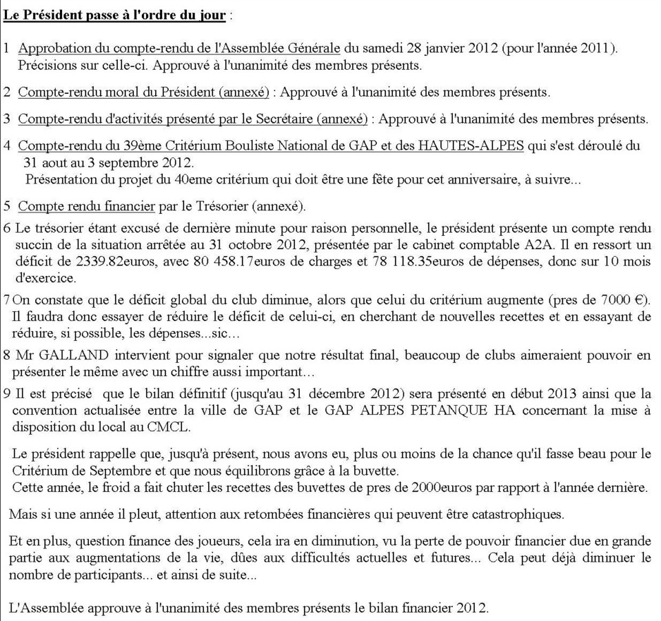 COMPTE RENDU DE L'ASSEMBLEE GENERALE DU GAP ALPES PETANQUE 