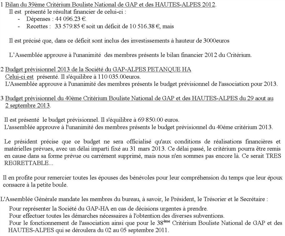 COMPTE RENDU DE L'ASSEMBLEE GENERALE DU GAP ALPES PETANQUE 