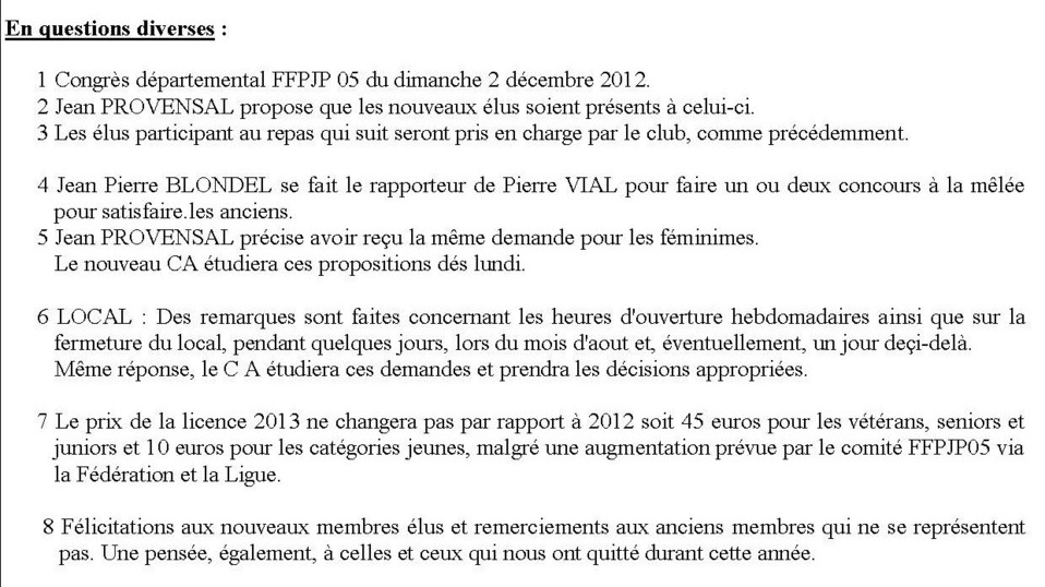 COMPTE RENDU DE L'ASSEMBLEE GENERALE DU GAP ALPES PETANQUE 