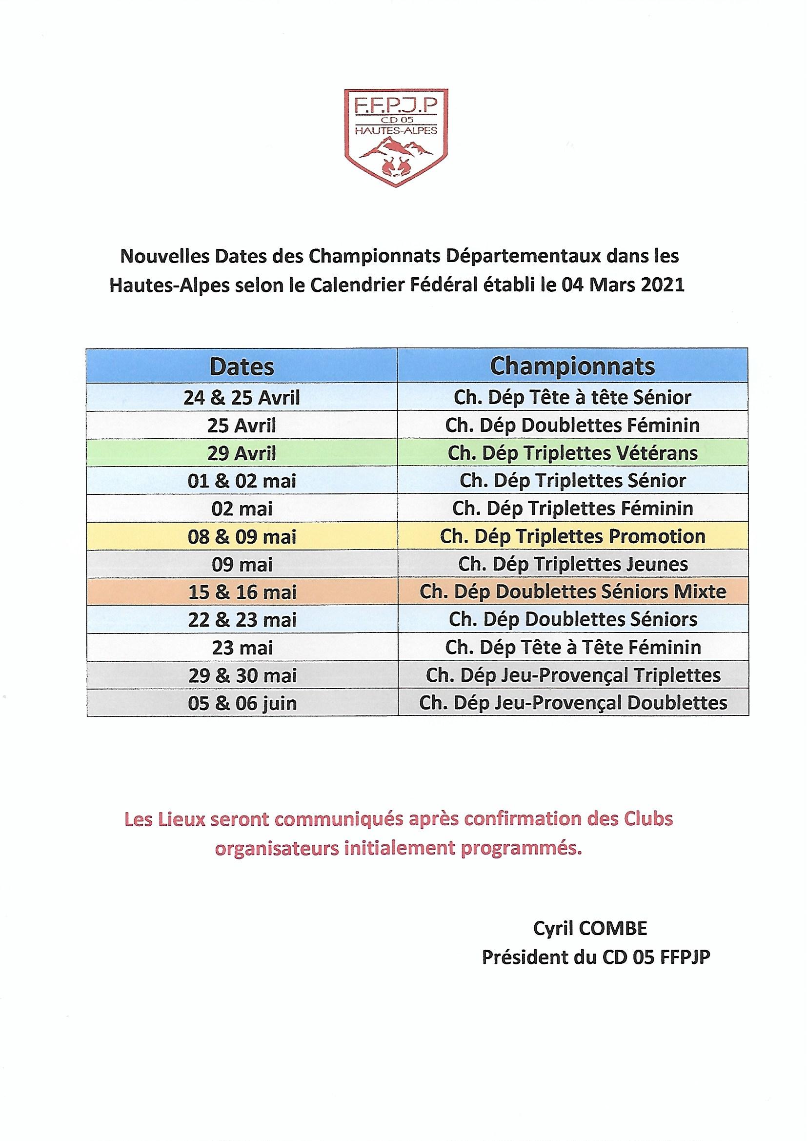 NOUVELLES DATES DES QUALIFICATIFS DEPARTEMENTAUX 2021