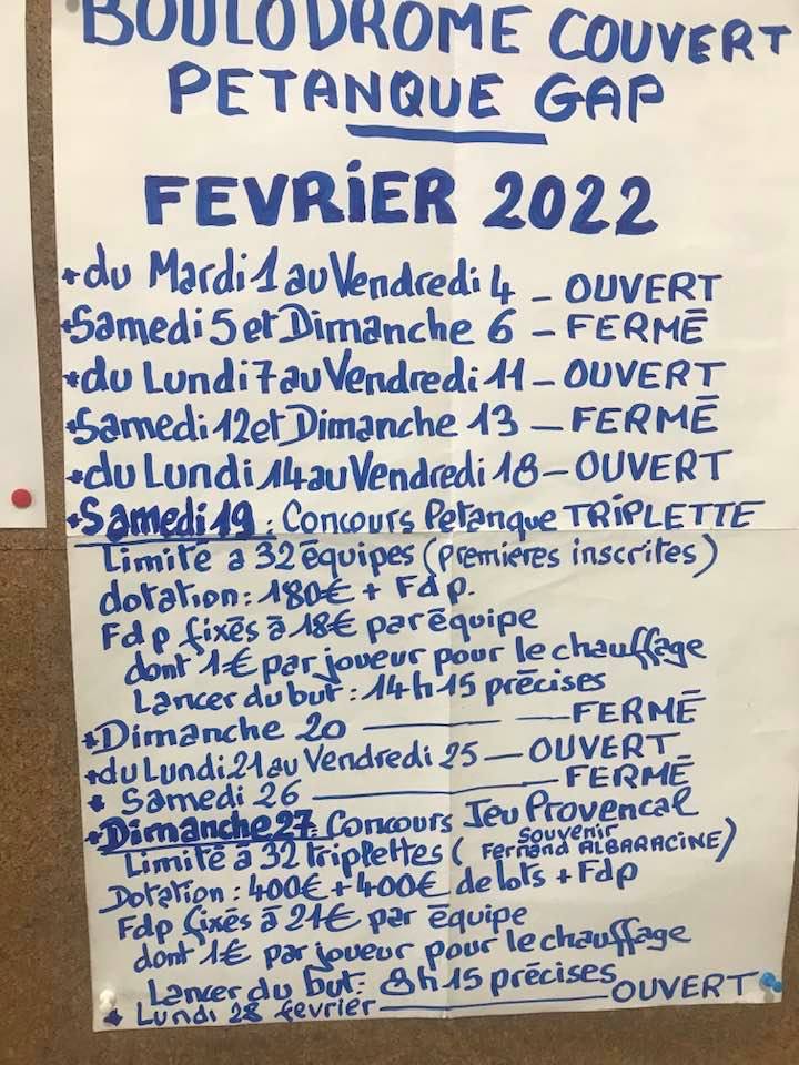 CONCOURS PETANQUE TRIPLETTE SAMEDI 19 FEVRIER 2022