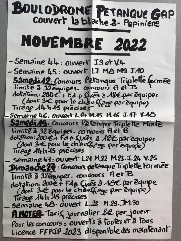 CONCOURS PETANQUE SAMEDI 12 NOVEMBRE 2022 à GAP-Boulodrome couvert CONCOURS PETANQUE SAMEDI 12 NOVEMBRE 2022 à GAP-Boulodrome couvert