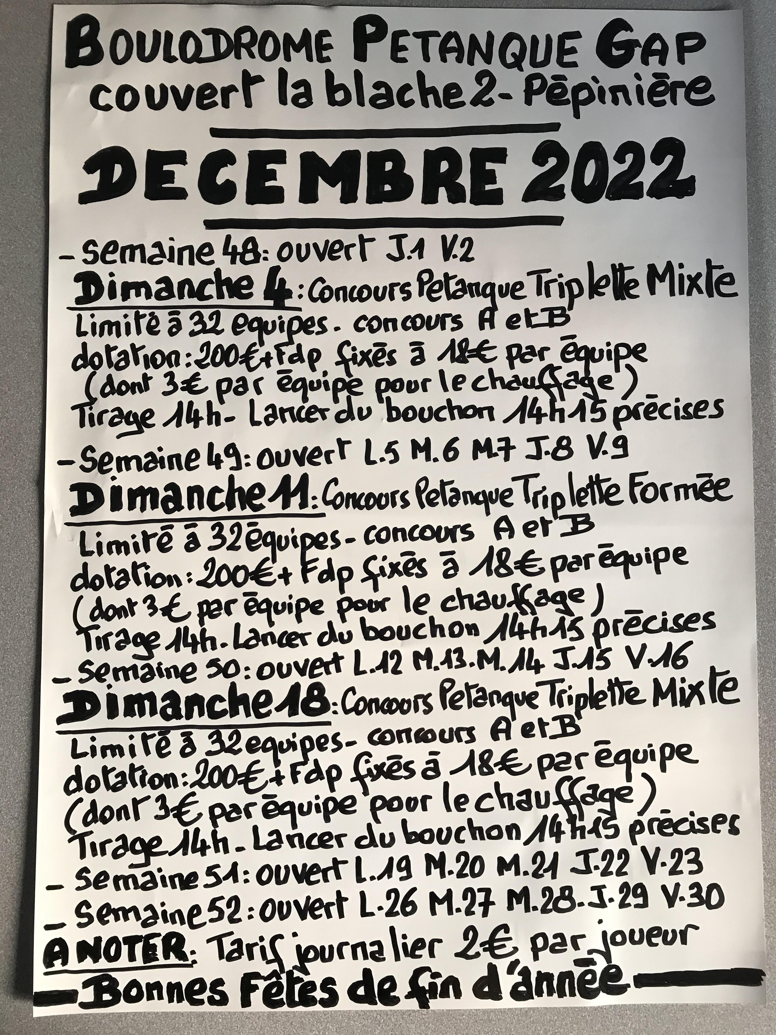 TRIPLETTE MIXTE PETANQUE DIMANCHE 18 DECEMBRE 2022 - Boulodrome couvert GAP-