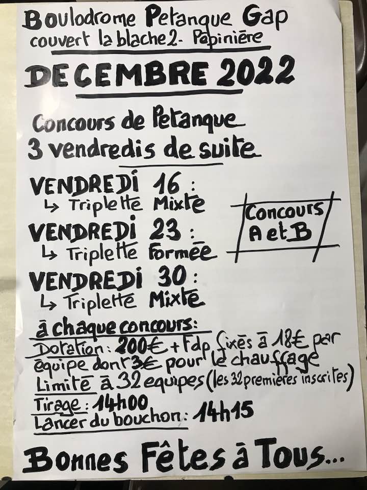 CONCOURS PETANQUE TRIPLETTE FORMEE DU VENDREDI 23 DECEMBRE 2022
