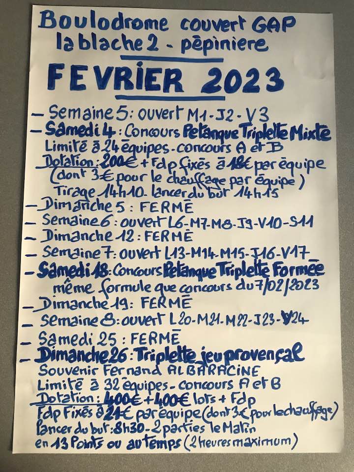 CONCOURS PETANQUE TRIPLETTE FORMEE DU SAMEDI 19 FEVRIER 2023