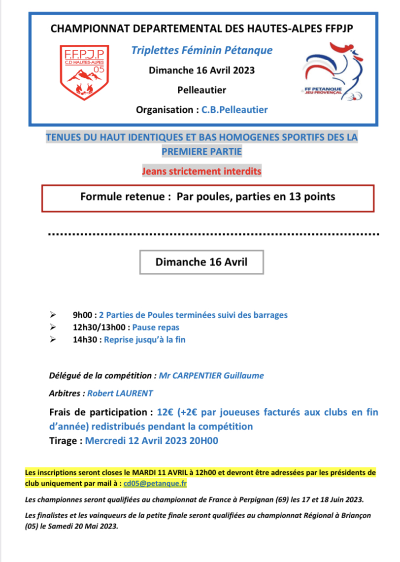 CHAMPIONNAT DEPARTEMENTAL PETANQUE TRIPLETTE FEMININ le DIMANCHE 15 AVRIL 2023 à PELLEAUTIER