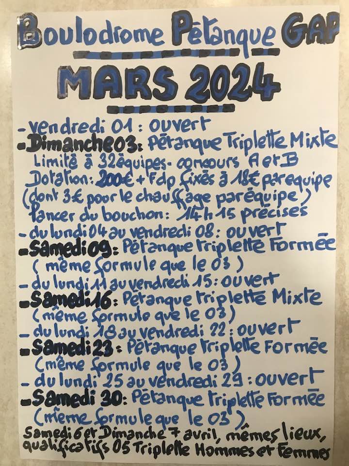 INSCRITS AUX CONCOURS DE PETANQUE DU MOIS DE MARS 2024