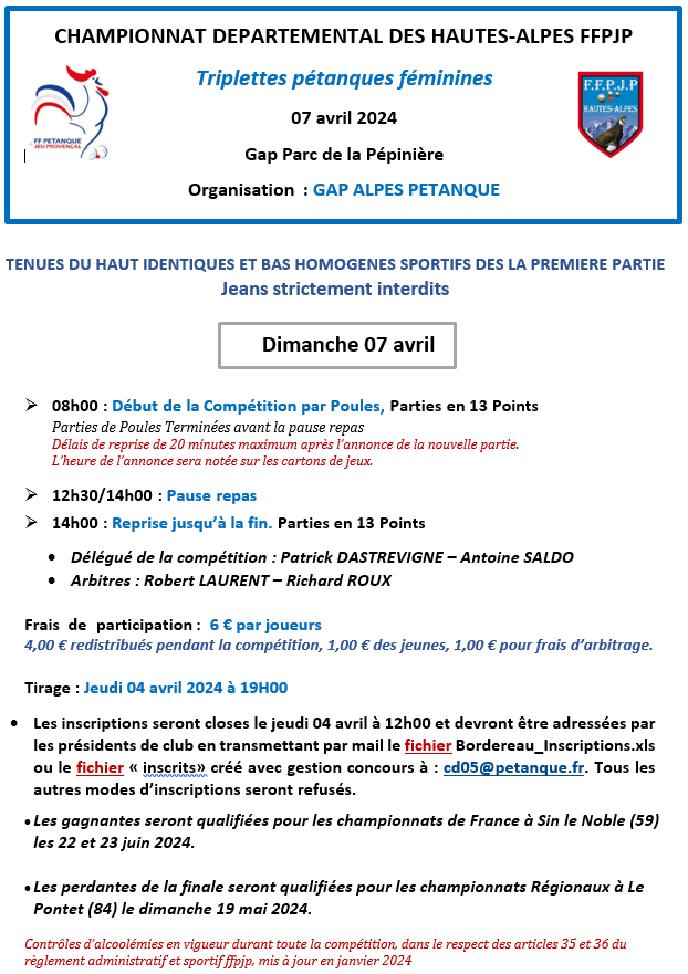 CHAMPIONNAT DEPARTEMENTAL TRIPLETTE FEMININ PETANQUE le 07 AVRIL 2024 à GAP ..