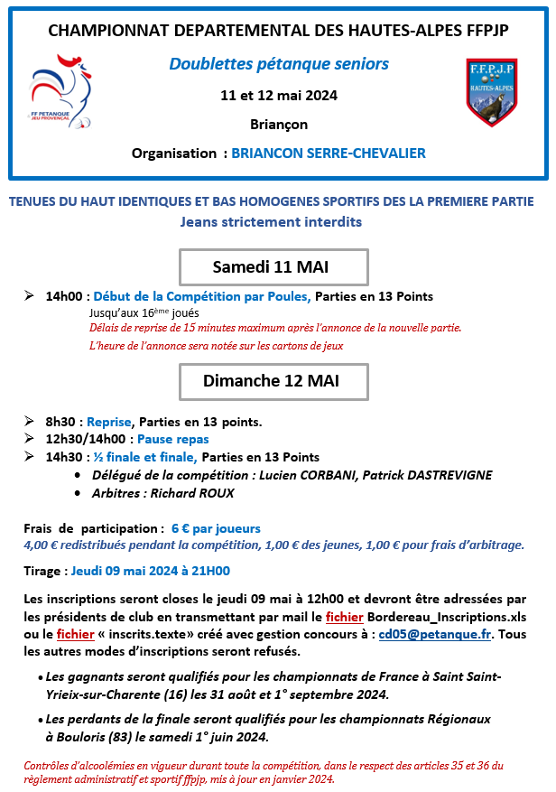CHAMPIONNAT DEPARTEMENTAL PETANQUE DOUBLETTE HOMME les 11 et 12 MAQI 2024 à BRIANCON .. CHAMPIONNAT DEPARTEMENTAL PETANQUE DOUBLETTE HOMME les 11 et 12 MAQI 2024 à BRIANCON ..