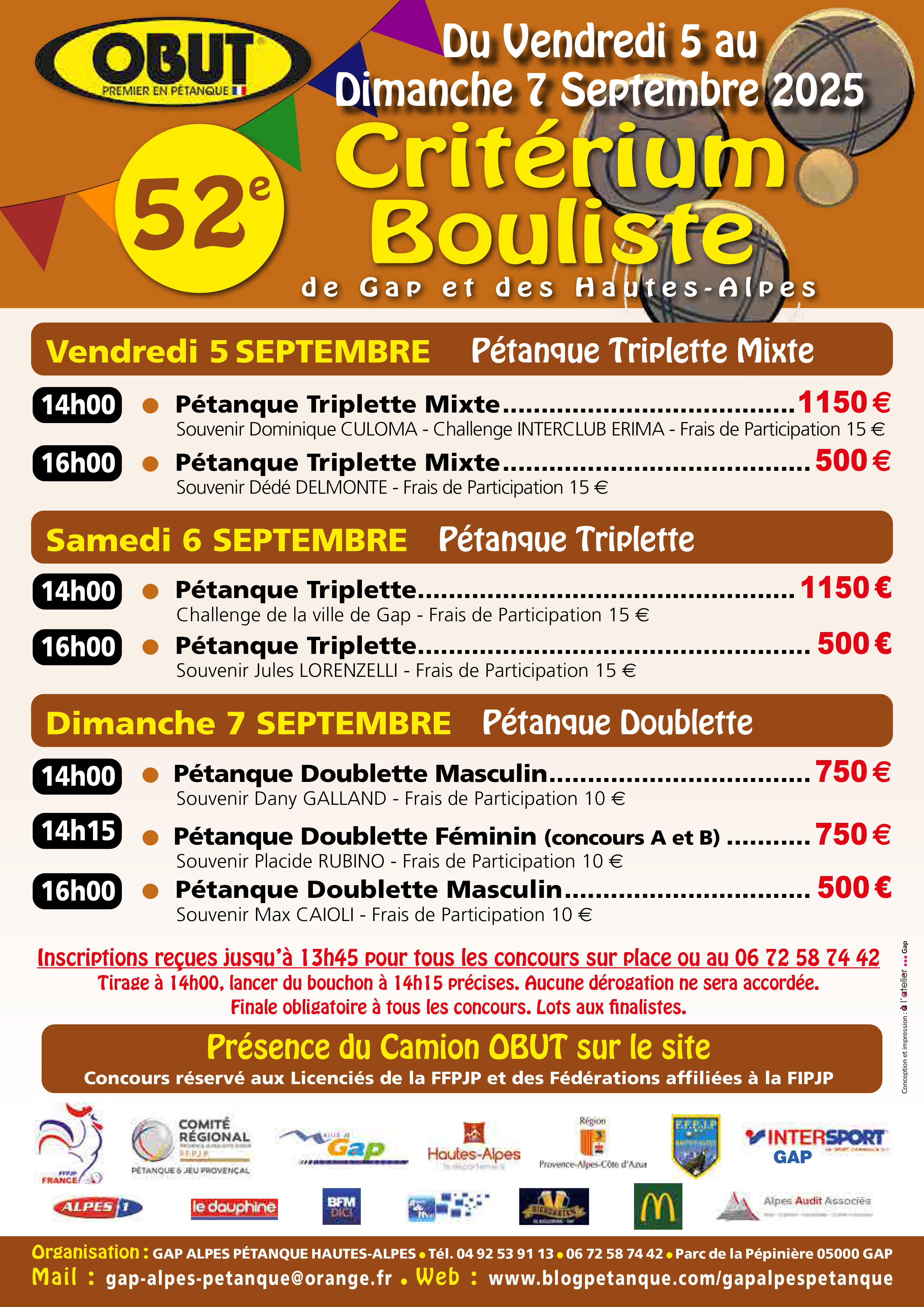 52ème CRITERIUM BOULISTE de la VILLE de GAP et des HAUTES-ALPES ..du VENDREDI 05 au DIMANCHE 07 SEPTEMBRE 2025 .. 52ème CRITERIUM BOULISTE de la VILLE de GAP et des HAUTES-ALPES ..du VENDREDI 05 au DIMANCHE 07 SEPTEMBRE 2025 ..