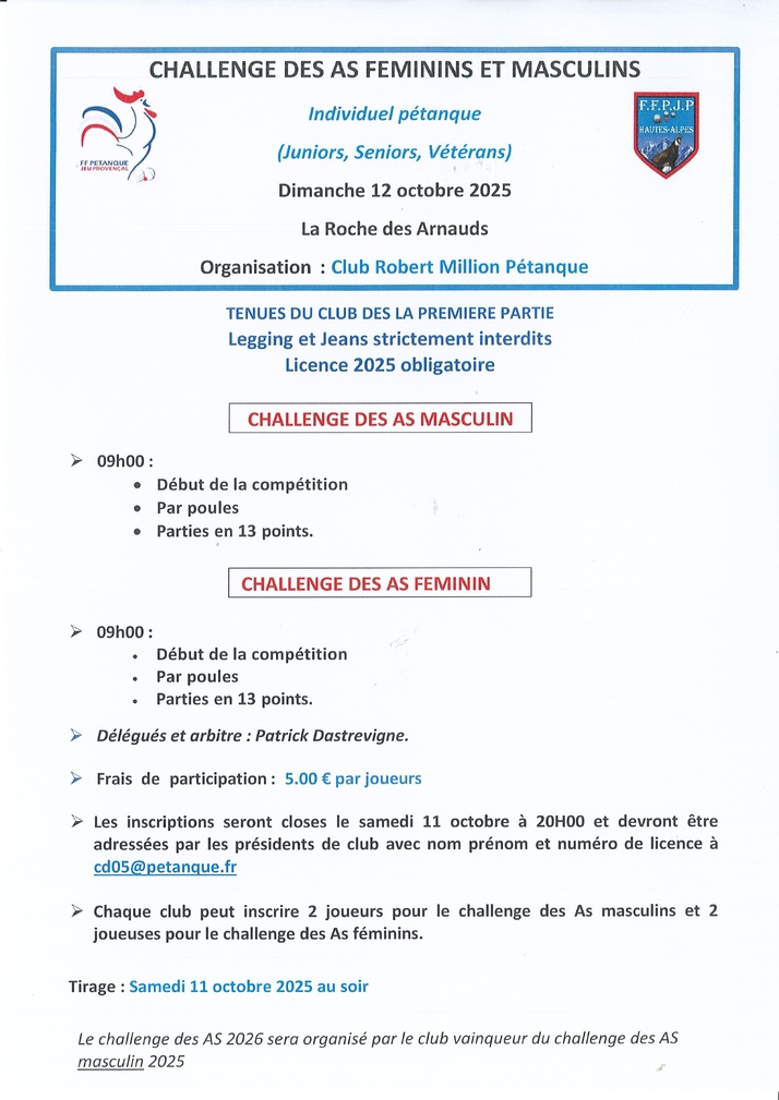 CHALLENGE DES AS 2025 : QUALIFICATIF DES SOCIETAIRES du GAP ALPES PETANQUE ce SAMEDI 11 OCTOBRE ..