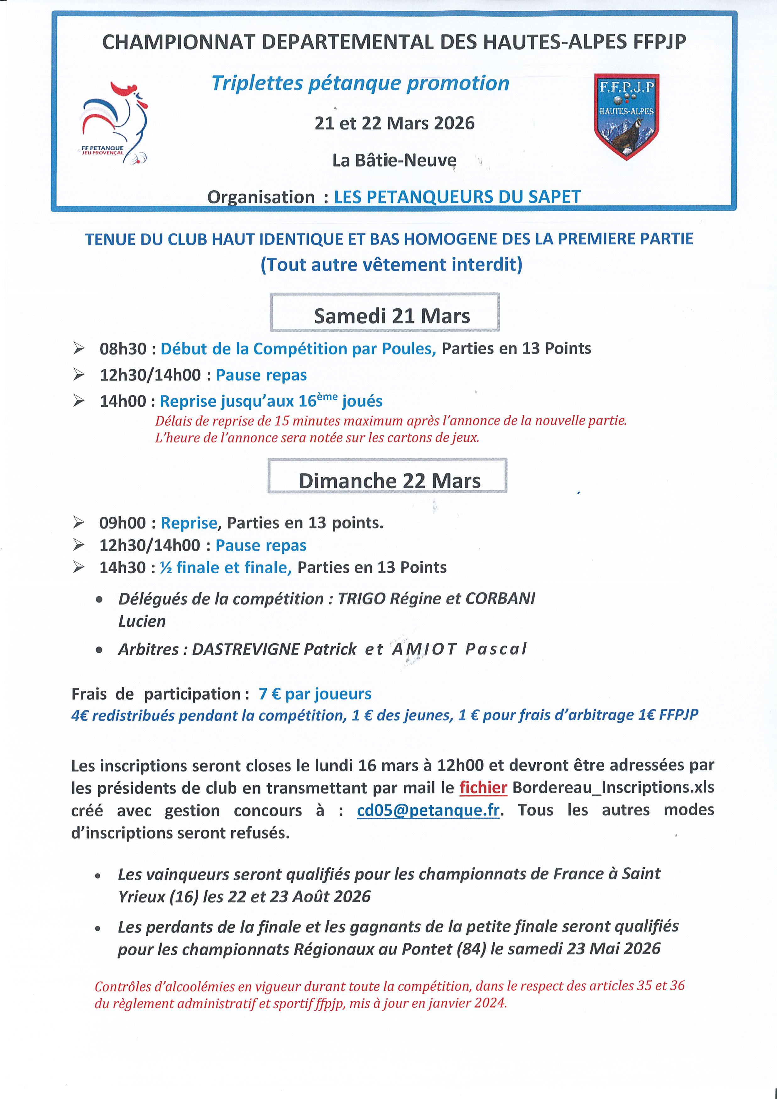 QUALIFICATIFS TRIPLETTE PETANQUE PROMOTION : SAMEDI 21 et DIMANCHE 22 MARS 2026 à LA BATIE-NEUVE..