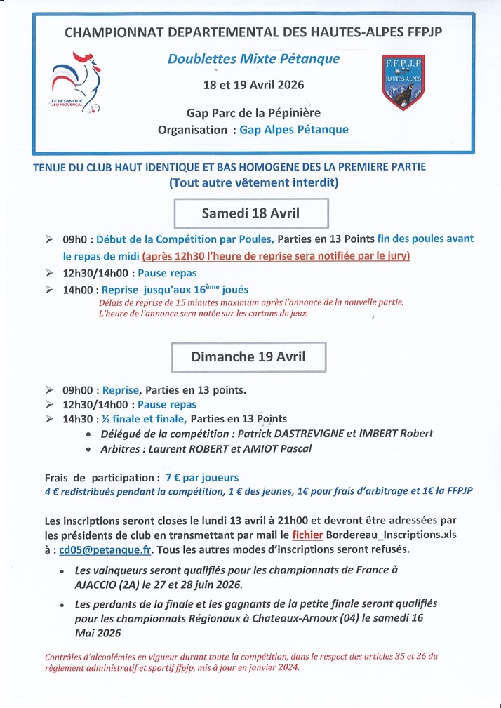 QUALIFICATIF PETANQUE DOUBLETTE MIXTE : SAMEDI 18 et DIMANCHE 19 AVRIL 2026 à GAP ..