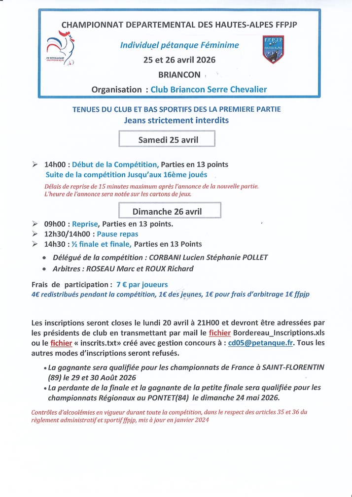 QUALIFICATIF DEPARTEMENTAL PETANNQUE TETE à TETE FEMININ les SAMEDI25 et DIMANCHE 26 avril 2026 0 briancon