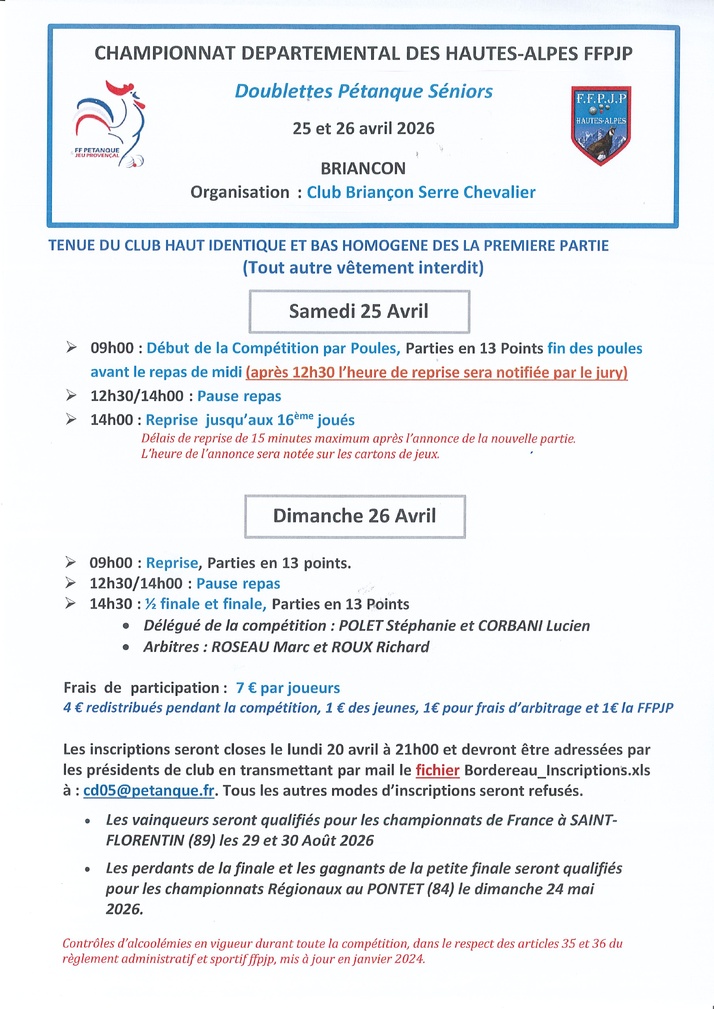 QUALIFICATIF DEPARTEMENTAL PETANQUE DOUBLETTE HOMME les SAMEDI 25 et DIMANCHE 26 AVRIL à BRIANCON