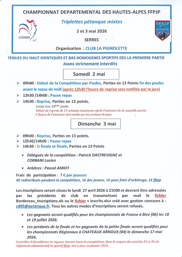 QUALIFICATIF PETANQUE TRIPLETTE MIXTE les 2 et 3 MAI 2026 à SERRES ..