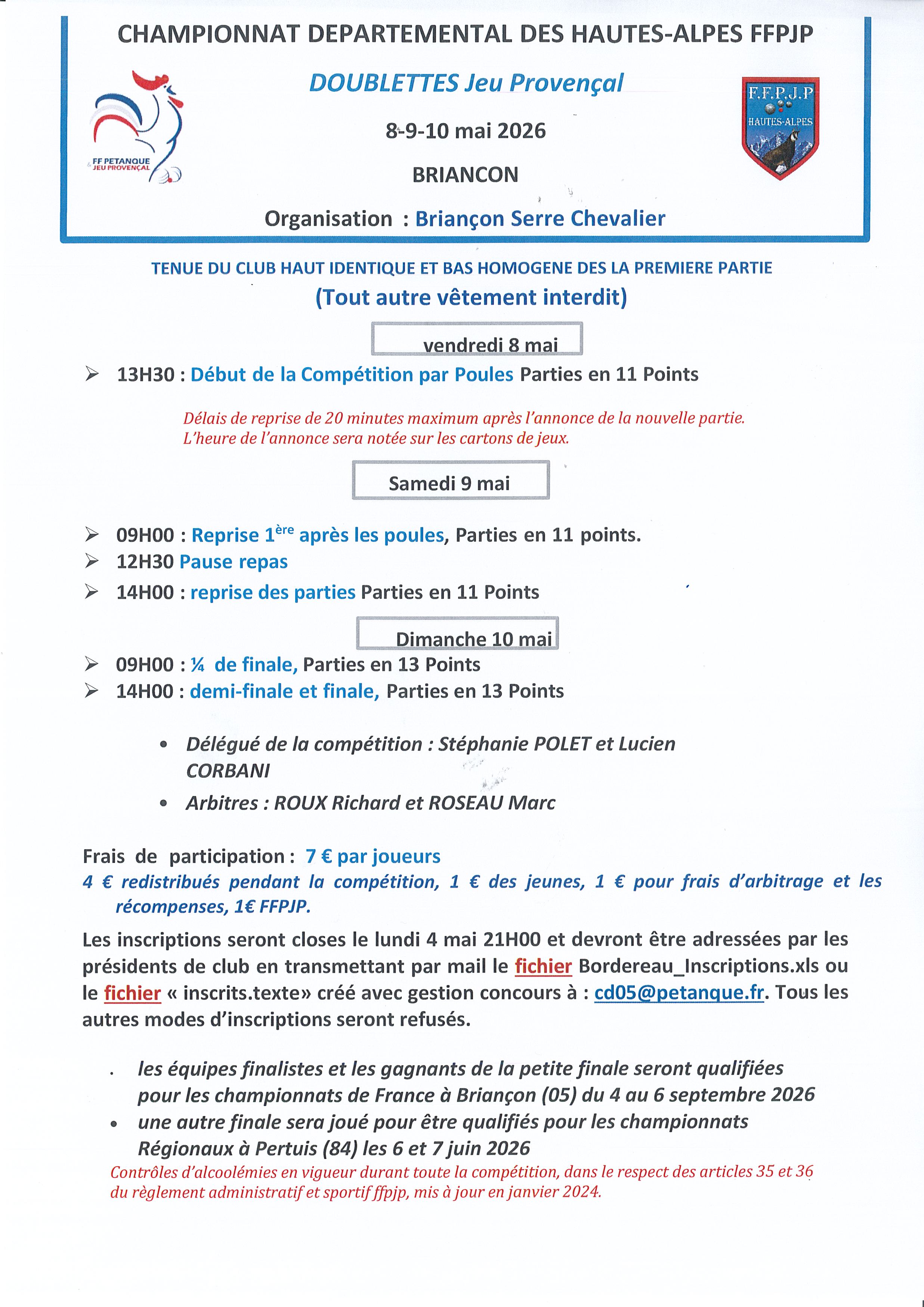 QUALIFICATIF JEU PROVENCAL DOUBLETTE les 8, 9 et 10 MAI 2026 à BRIANCON
