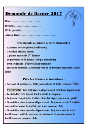 Renouvellement Licence 2017 Renouvellement Licence 2017