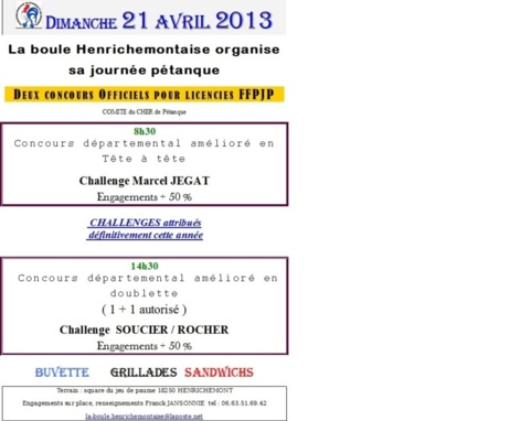 journée pétanque à Henrichemont le 21 Avril 2013