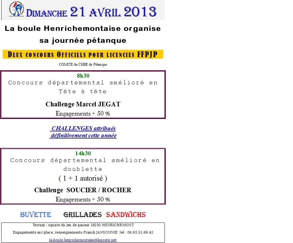 journée pétanque à Henrichemont le 21 Avril 2013 journée pétanque à Henrichemont le 21 Avril 2013