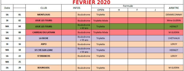 Calendrier FFPJP en Indre et Loire 2019  / 2020.