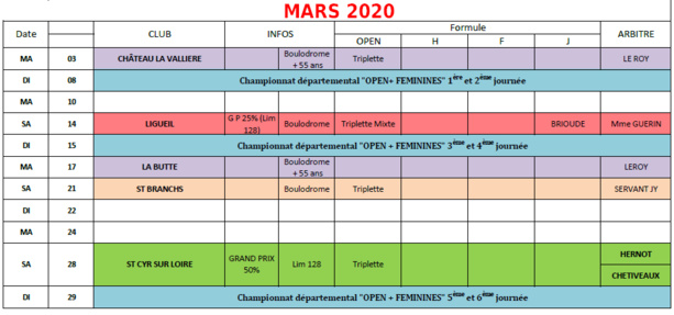 Calendrier FFPJP en Indre et Loire 2019  / 2020.