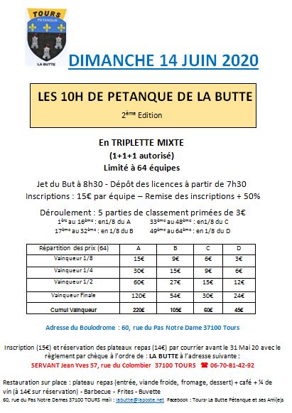 10h de la Butte - dimanche 14 juin 2020 - Triplette mixte